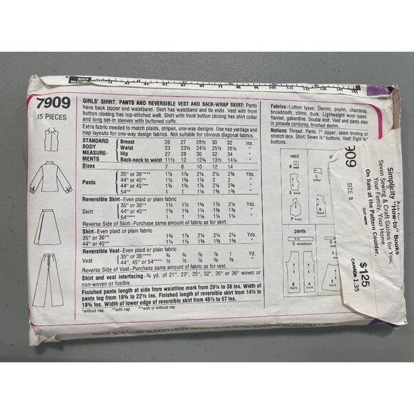 70s Simplicity 7909 Girls Sewing Pattern Size B 810 Vest Shirt Pants Skirt CUT - Picture 4 of 7